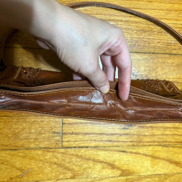 Wilsons Vtg Leather Brown Gem Embroidered Embellished Arm Clutch Fold Over Bag - Picture 13 of 13